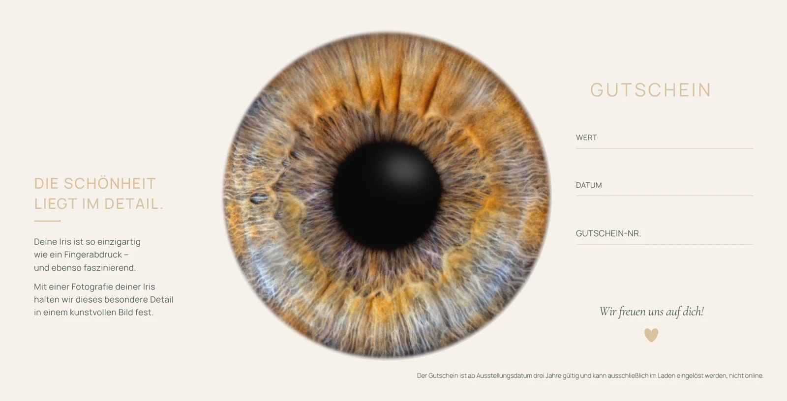 Gedruckter JALES-Wertgutschein im Irisfotografie-Design, Innenseite mit Feldern für Wert, Datum und Gutscheinnummer