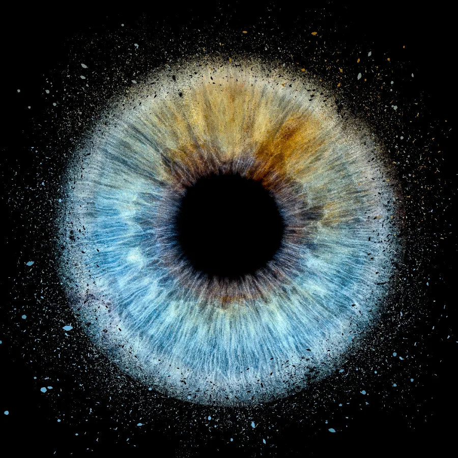 Explosion · Blau-Gold – Irisfotografie als Wandbild von JALES – feine Motive