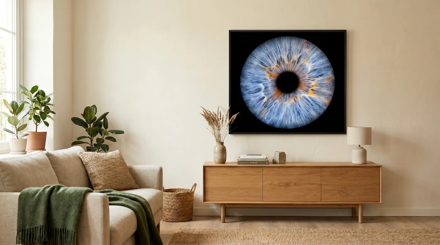 Gerahmtes Irisbild als Wandbild über einem Sideboard in einem hellen, modernen Wohnzimmer